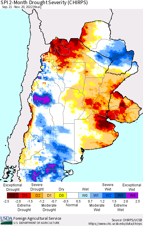 Southern South America SPI 2-Month Drought Severity (CHIRPS) Thematic Map For 9/21/2022 - 11/20/2022