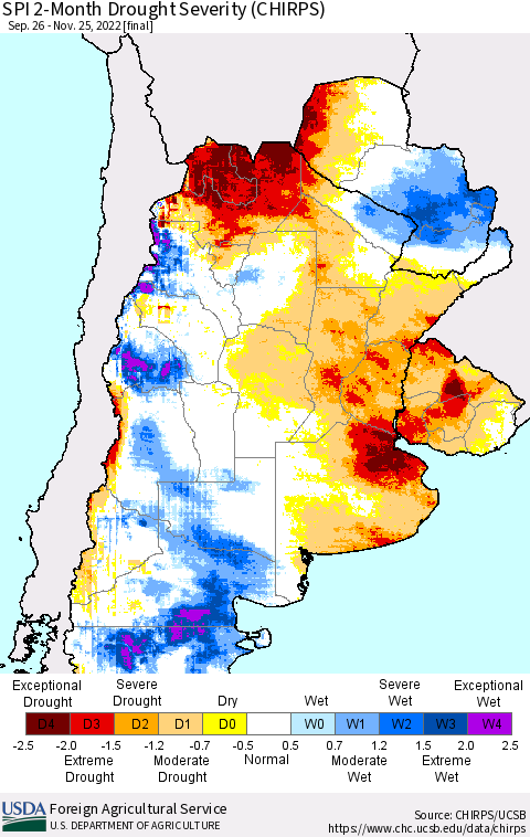 Southern South America SPI 2-Month Drought Severity (CHIRPS) Thematic Map For 9/26/2022 - 11/25/2022