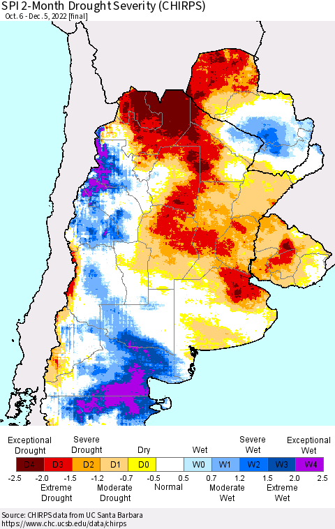 Southern South America SPI 2-Month Drought Severity (CHIRPS) Thematic Map For 10/6/2022 - 12/5/2022