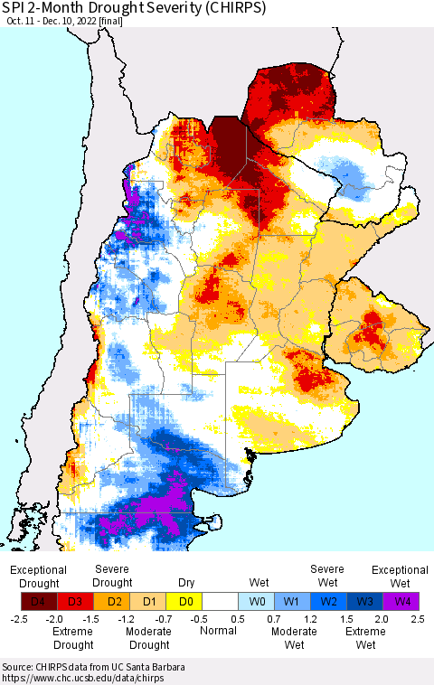 Southern South America SPI 2-Month Drought Severity (CHIRPS) Thematic Map For 10/11/2022 - 12/10/2022