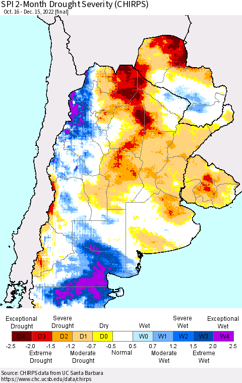 Southern South America SPI 2-Month Drought Severity (CHIRPS) Thematic Map For 10/16/2022 - 12/15/2022