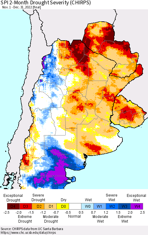 Southern South America SPI 2-Month Drought Severity (CHIRPS) Thematic Map For 11/1/2022 - 12/31/2022