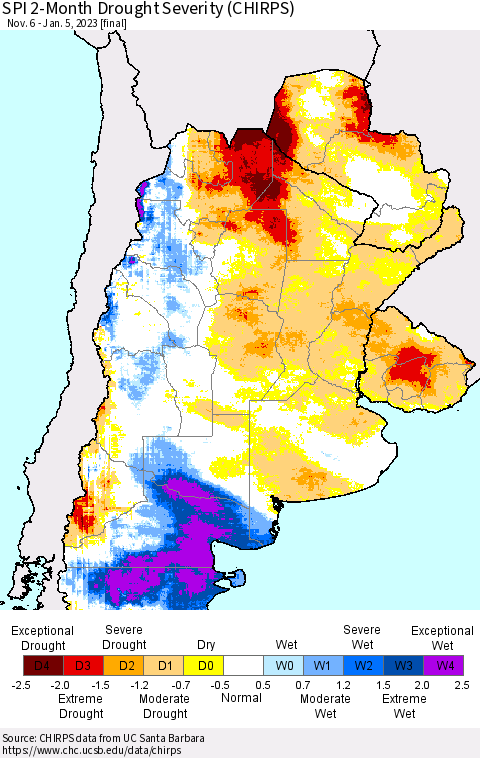 Southern South America SPI 2-Month Drought Severity (CHIRPS) Thematic Map For 11/6/2022 - 1/5/2023