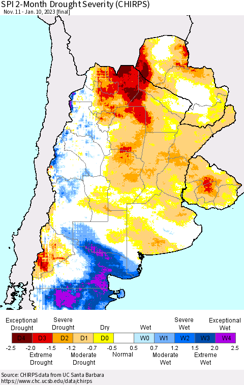 Southern South America SPI 2-Month Drought Severity (CHIRPS) Thematic Map For 11/11/2022 - 1/10/2023