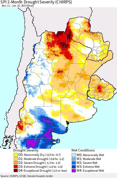 Southern South America SPI 2-Month Drought Severity (CHIRPS) Thematic Map For 11/11/2022 - 1/10/2023