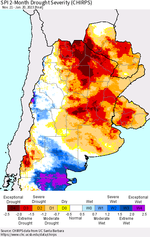 Southern South America SPI 2-Month Drought Severity (CHIRPS) Thematic Map For 11/21/2022 - 1/20/2023
