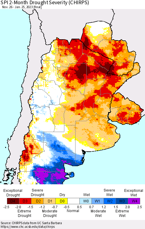 Southern South America SPI 2-Month Drought Severity (CHIRPS) Thematic Map For 11/26/2022 - 1/25/2023