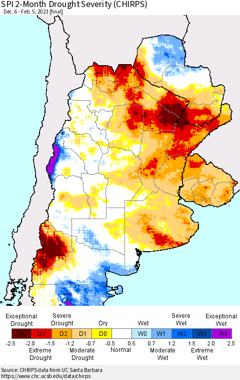 Southern South America SPI 2-Month Drought Severity (CHIRPS) Thematic Map For 12/6/2022 - 2/5/2023