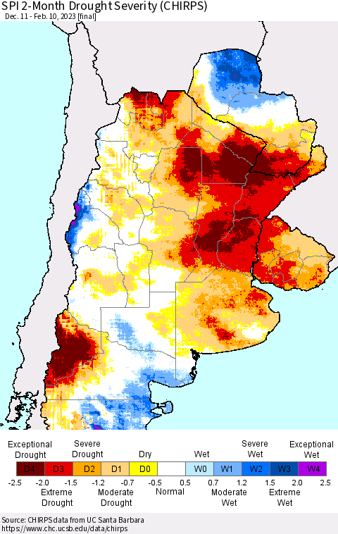 Southern South America SPI 2-Month Drought Severity (CHIRPS) Thematic Map For 12/11/2022 - 2/10/2023