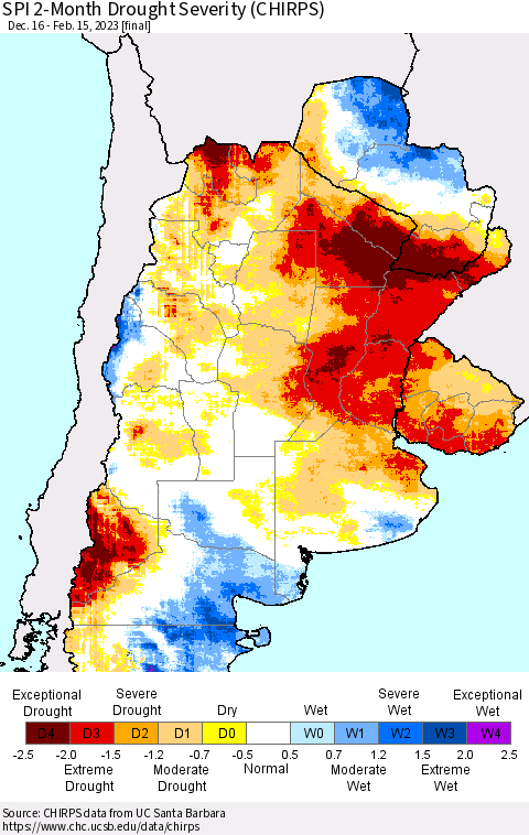 Southern South America SPI 2-Month Drought Severity (CHIRPS) Thematic Map For 12/16/2022 - 2/15/2023