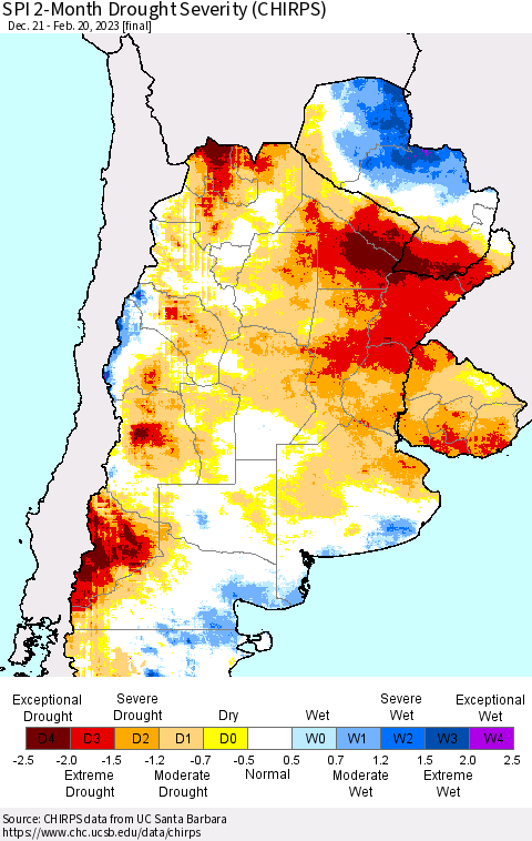 Southern South America SPI 2-Month Drought Severity (CHIRPS) Thematic Map For 12/21/2022 - 2/20/2023