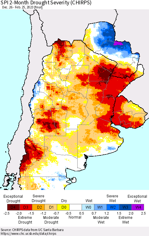 Southern South America SPI 2-Month Drought Severity (CHIRPS) Thematic Map For 12/26/2022 - 2/25/2023