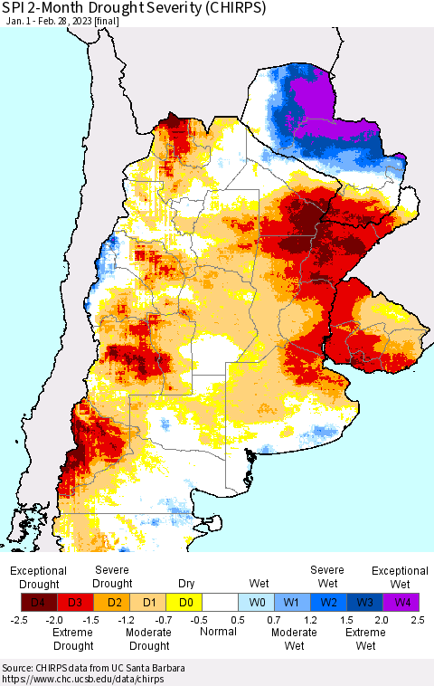 Southern South America SPI 2-Month Drought Severity (CHIRPS) Thematic Map For 1/1/2023 - 2/28/2023