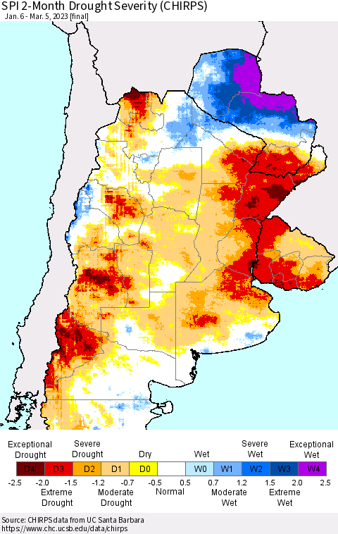 Southern South America SPI 2-Month Drought Severity (CHIRPS) Thematic Map For 1/6/2023 - 3/5/2023