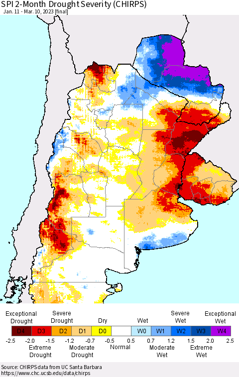 Southern South America SPI 2-Month Drought Severity (CHIRPS) Thematic Map For 1/11/2023 - 3/10/2023