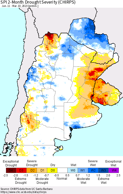 Southern South America SPI 2-Month Drought Severity (CHIRPS) Thematic Map For 1/11/2023 - 3/10/2023