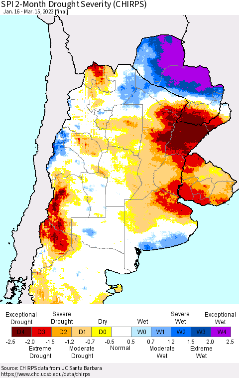 Southern South America SPI 2-Month Drought Severity (CHIRPS) Thematic Map For 1/16/2023 - 3/15/2023