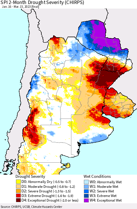 Southern South America SPI 2-Month Drought Severity (CHIRPS) Thematic Map For 1/16/2023 - 3/15/2023