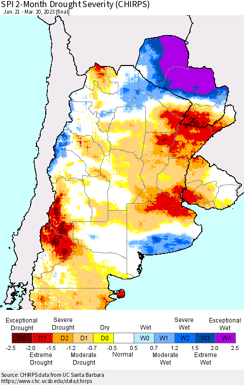 Southern South America SPI 2-Month Drought Severity (CHIRPS) Thematic Map For 1/21/2023 - 3/20/2023