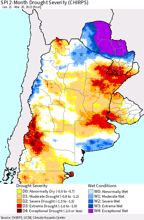 Southern South America SPI 2-Month Drought Severity (CHIRPS) Thematic Map For 1/21/2023 - 3/20/2023