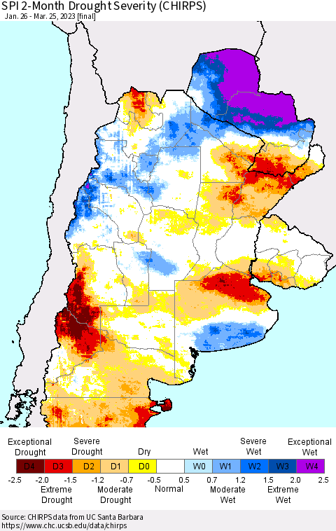 Southern South America SPI 2-Month Drought Severity (CHIRPS) Thematic Map For 1/26/2023 - 3/25/2023