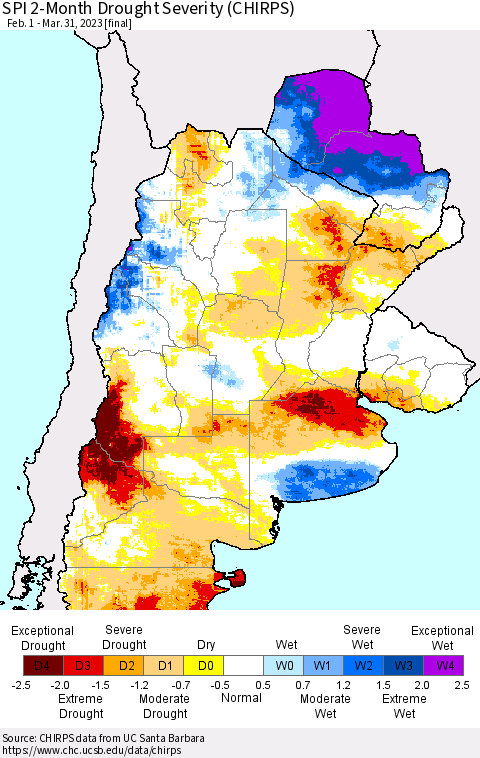 Southern South America SPI 2-Month Drought Severity (CHIRPS) Thematic Map For 2/1/2023 - 3/31/2023