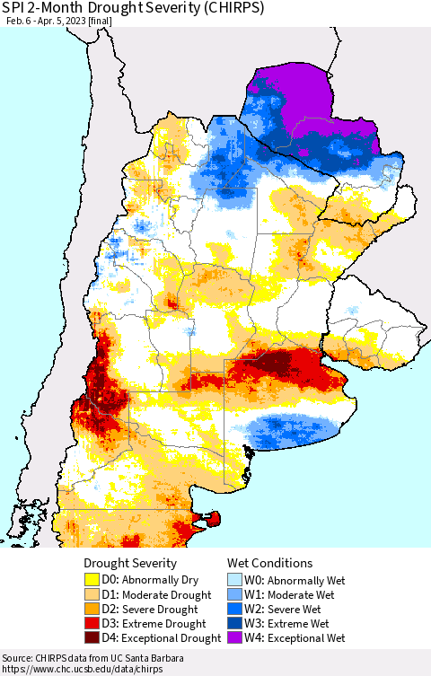 Southern South America SPI 2-Month Drought Severity (CHIRPS) Thematic Map For 2/6/2023 - 4/5/2023