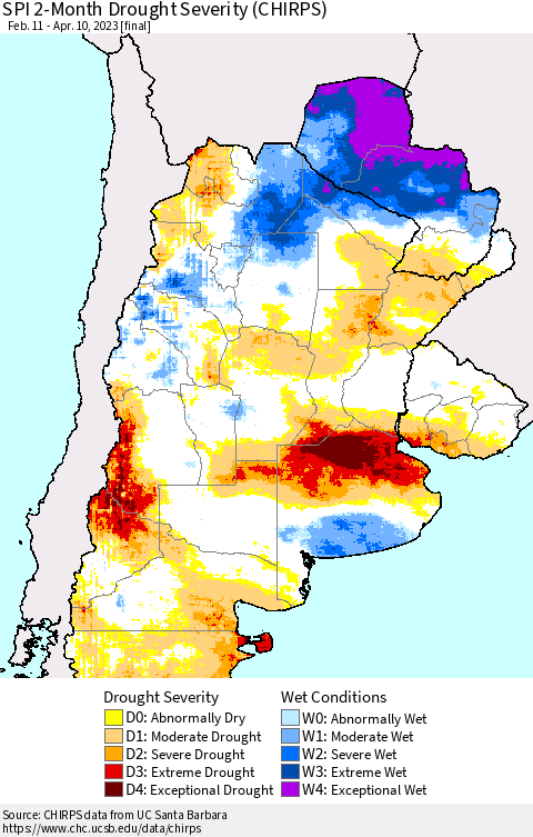 Southern South America SPI 2-Month Drought Severity (CHIRPS) Thematic Map For 2/11/2023 - 4/10/2023