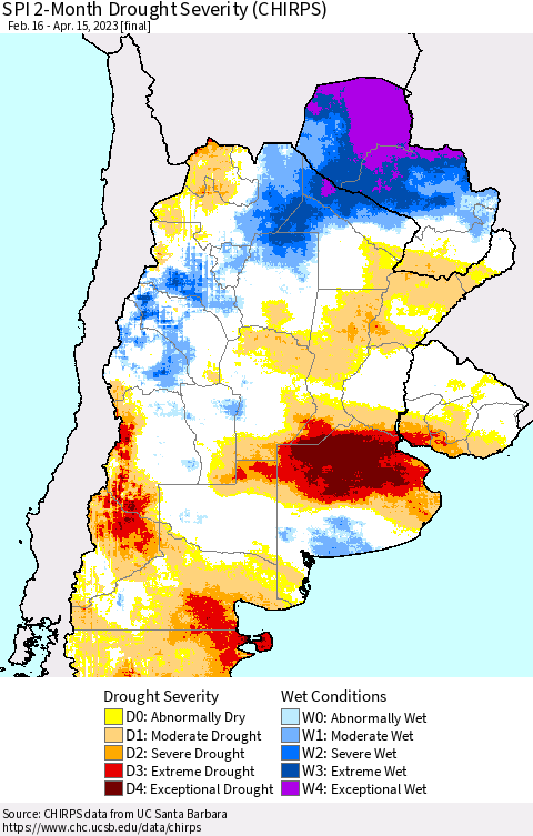 Southern South America SPI 2-Month Drought Severity (CHIRPS) Thematic Map For 2/16/2023 - 4/15/2023