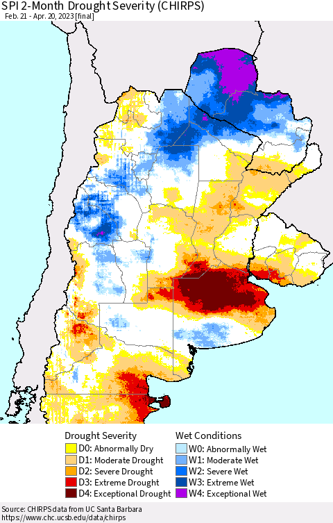 Southern South America SPI 2-Month Drought Severity (CHIRPS) Thematic Map For 2/21/2023 - 4/20/2023