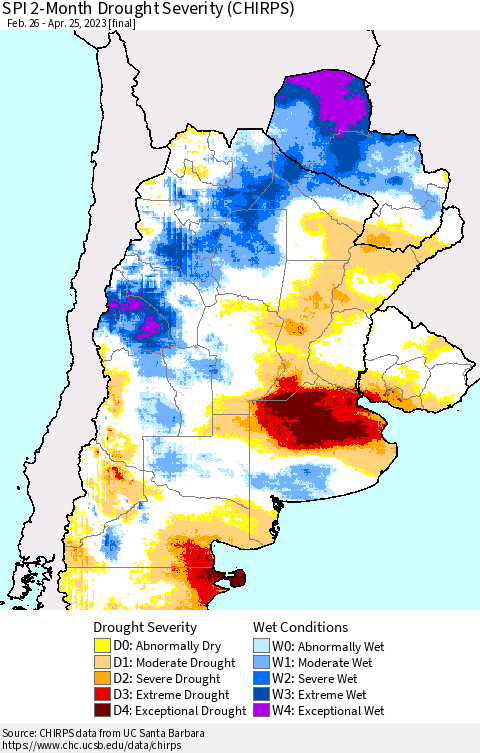 Southern South America SPI 2-Month Drought Severity (CHIRPS) Thematic Map For 2/26/2023 - 4/25/2023