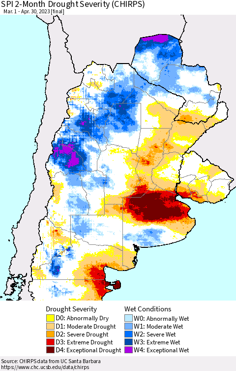 Southern South America SPI 2-Month Drought Severity (CHIRPS) Thematic Map For 3/1/2023 - 4/30/2023