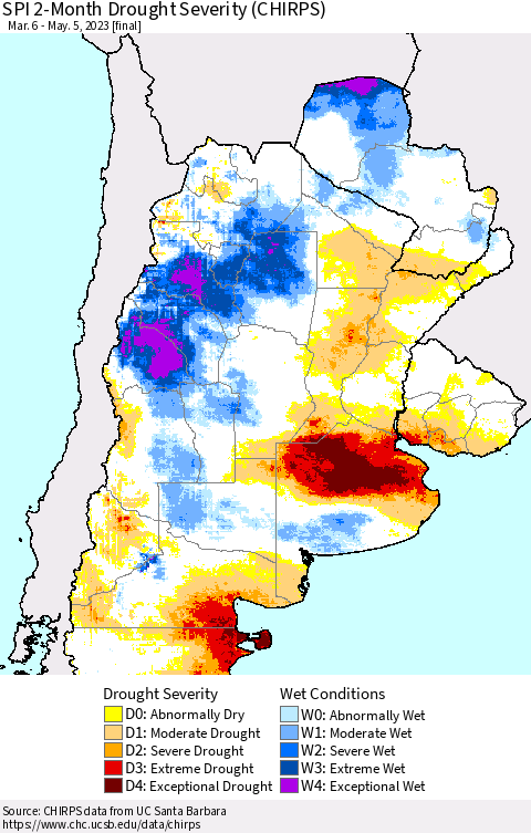 Southern South America SPI 2-Month Drought Severity (CHIRPS) Thematic Map For 3/6/2023 - 5/5/2023