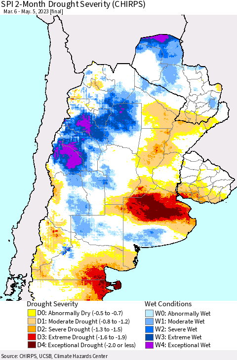 Southern South America SPI 2-Month Drought Severity (CHIRPS) Thematic Map For 3/6/2023 - 5/5/2023