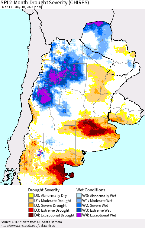 Southern South America SPI 2-Month Drought Severity (CHIRPS) Thematic Map For 3/11/2023 - 5/10/2023