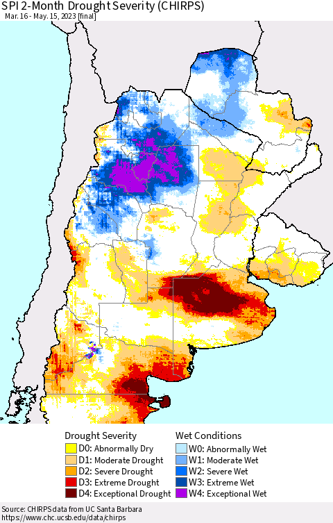 Southern South America SPI 2-Month Drought Severity (CHIRPS) Thematic Map For 3/16/2023 - 5/15/2023