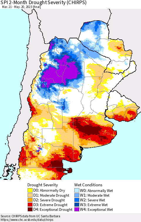 Southern South America SPI 2-Month Drought Severity (CHIRPS) Thematic Map For 3/21/2023 - 5/20/2023