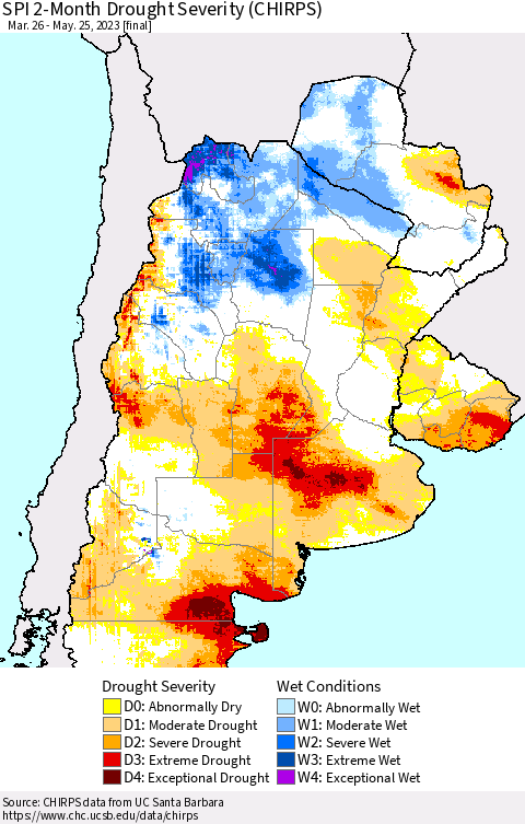 Southern South America SPI 2-Month Drought Severity (CHIRPS) Thematic Map For 3/26/2023 - 5/25/2023