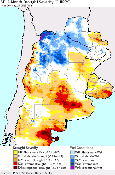 Southern South America SPI 2-Month Drought Severity (CHIRPS) Thematic Map For 3/26/2023 - 5/25/2023