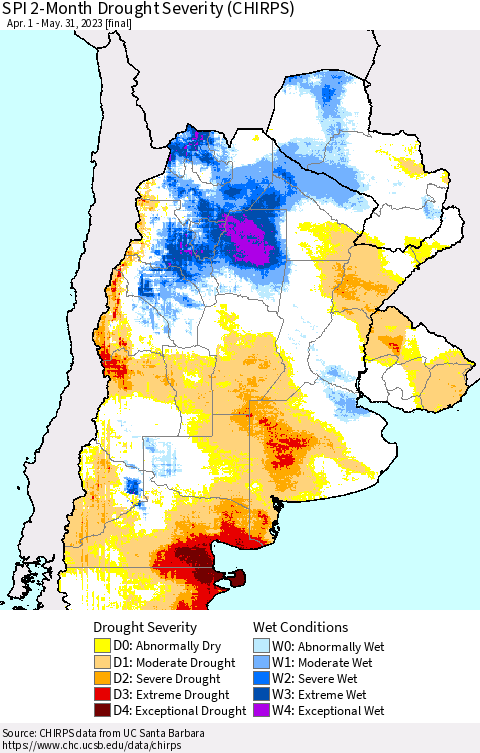 Southern South America SPI 2-Month Drought Severity (CHIRPS) Thematic Map For 4/1/2023 - 5/31/2023