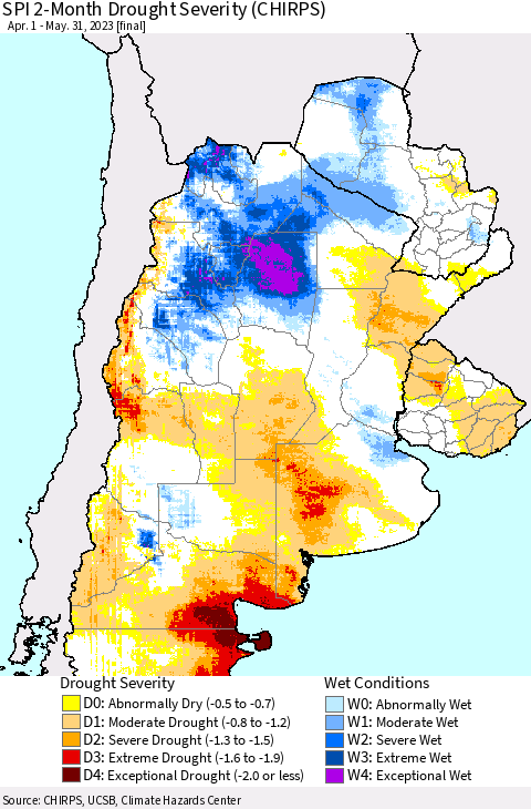 Southern South America SPI 2-Month Drought Severity (CHIRPS) Thematic Map For 4/1/2023 - 5/31/2023