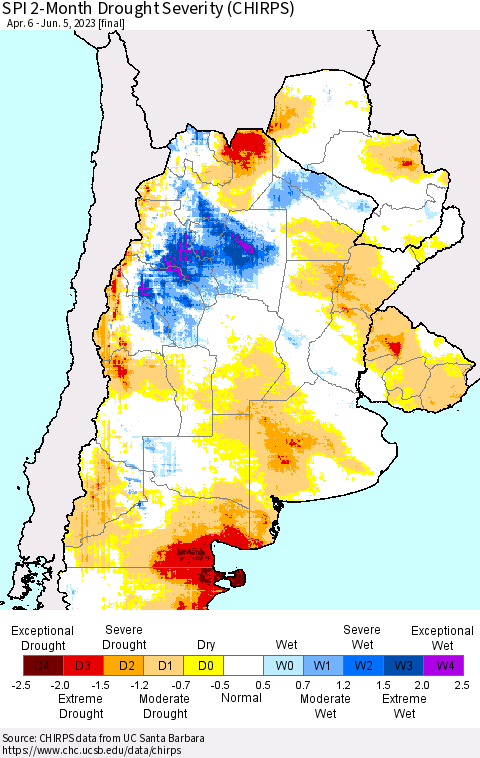 Southern South America SPI 2-Month Drought Severity (CHIRPS) Thematic Map For 4/6/2023 - 6/5/2023