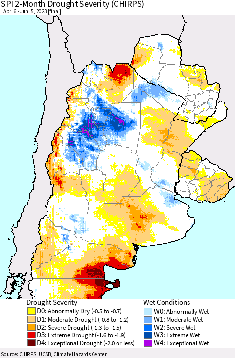 Southern South America SPI 2-Month Drought Severity (CHIRPS) Thematic Map For 4/6/2023 - 6/5/2023