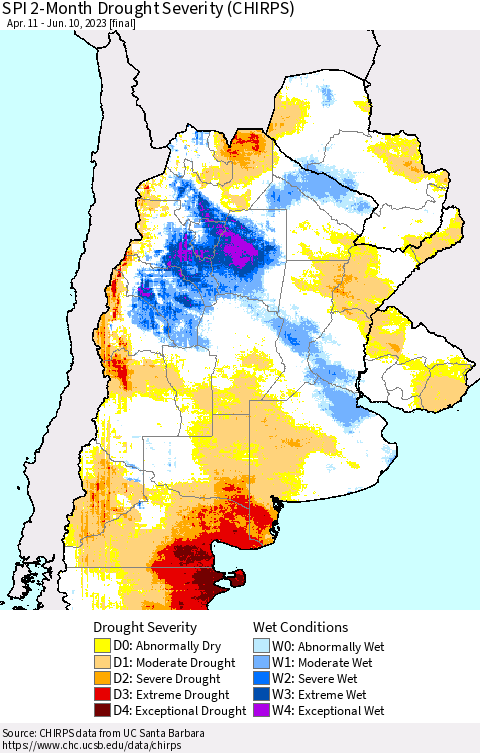 Southern South America SPI 2-Month Drought Severity (CHIRPS) Thematic Map For 4/11/2023 - 6/10/2023