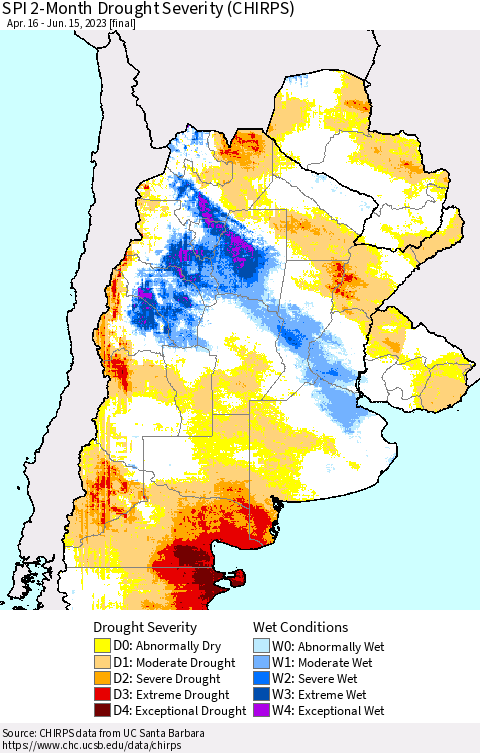 Southern South America SPI 2-Month Drought Severity (CHIRPS) Thematic Map For 4/16/2023 - 6/15/2023