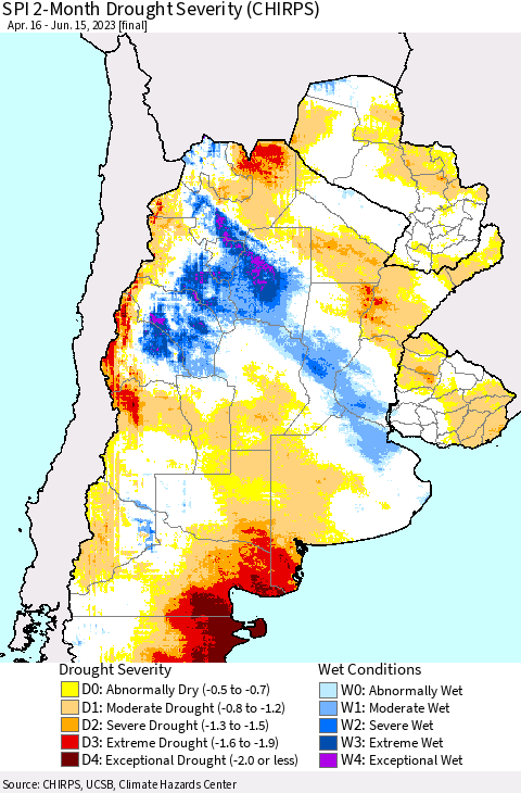 Southern South America SPI 2-Month Drought Severity (CHIRPS) Thematic Map For 4/16/2023 - 6/15/2023