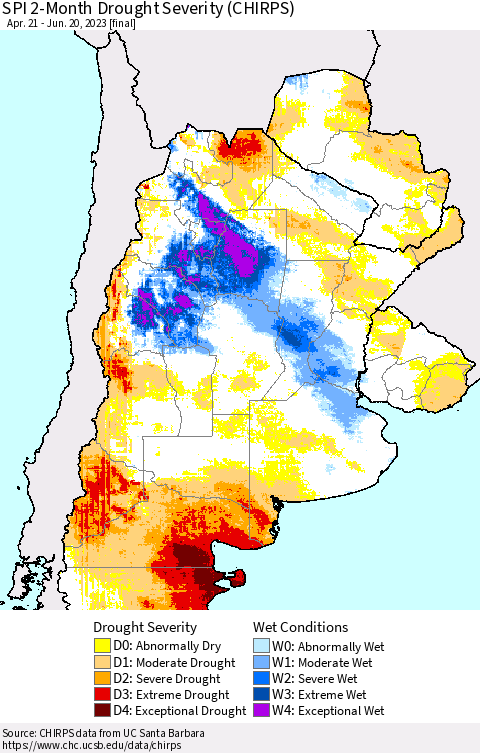 Southern South America SPI 2-Month Drought Severity (CHIRPS) Thematic Map For 4/21/2023 - 6/20/2023