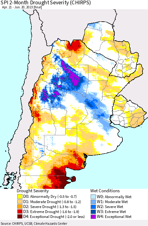 Southern South America SPI 2-Month Drought Severity (CHIRPS) Thematic Map For 4/21/2023 - 6/20/2023