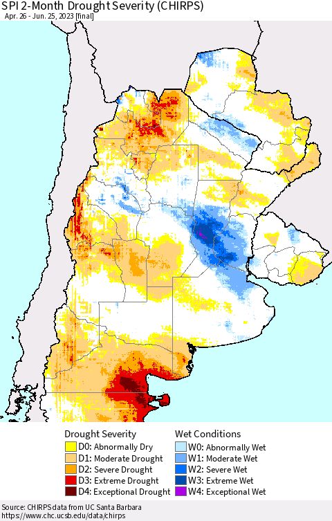 Southern South America SPI 2-Month Drought Severity (CHIRPS) Thematic Map For 4/26/2023 - 6/25/2023