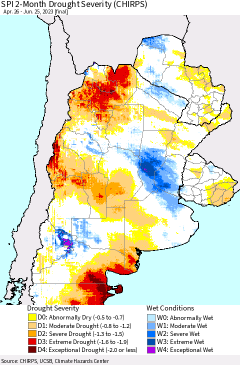 Southern South America SPI 2-Month Drought Severity (CHIRPS) Thematic Map For 4/26/2023 - 6/25/2023